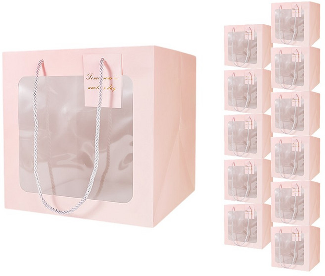 빛공 바닥넓은 정사각 투명창 윈도우 쇼핑백, 12개, 핑크