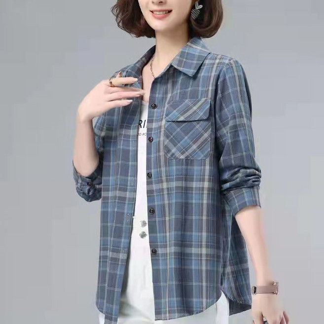 중년 여성 긴팔 셔츠 봄 가을 캐주얼 체크 엄마 얇은 남방 상의 빅사이즈 루즈핏 여자 셔츠 아우터 WMY