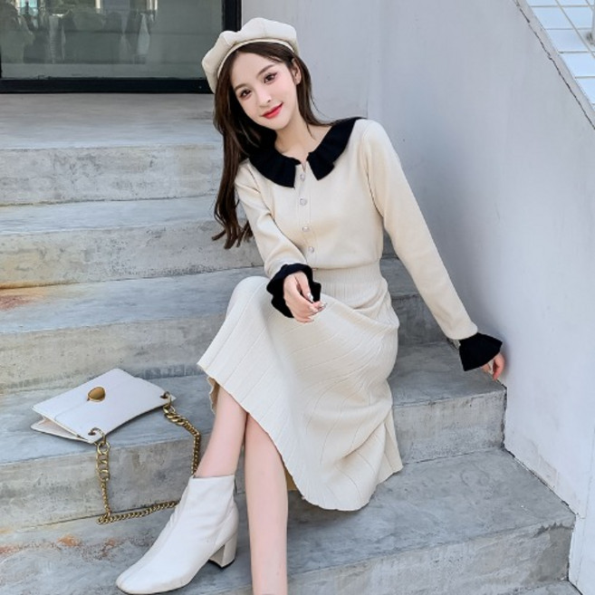 Ogfaour 율블리샵 배색 카라 소매프릴 플리츠 롱 니트원피스QB11016