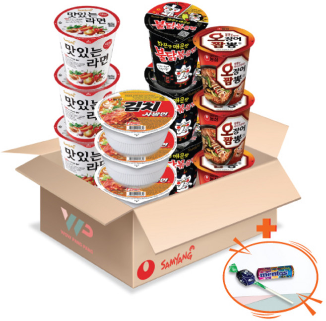 농심 삼양 컵라면 소컵 4종 혼합세트 김치사발면 3컵+오징어짬뽕 3컵+맛있는라면 3컵+불닭볶음면 3컵 총 12컵입 미니 멘토스+투시팝 사탕 사은품 2종 증정, 1개