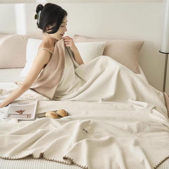 여름거즈 블랭킷 에어컨 담요 소파 낮잠 이불 가벼운 와플 양면 얇은 이불, 밀크 베이지