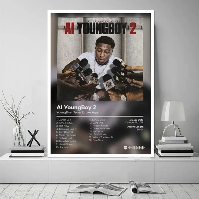 Never Broke Again AI YoungBoy 2 랩 음악 앨범 커버 포스터 프린트 벽 아트 캔버스 페인팅 그림 사진 선물, 02 40X60cm Unframed, 07 21