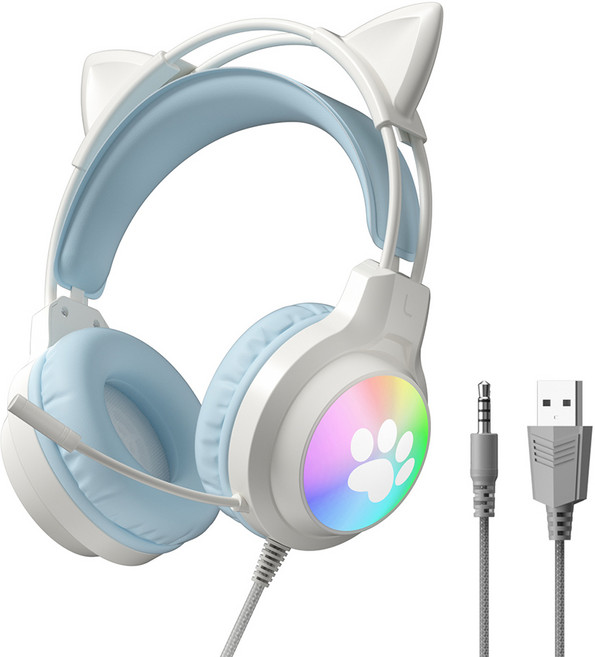 RGB 유선 게이밍 헤드셋 귀여운 디자인 LED 고양이 귀 마이크 탑재, 블루