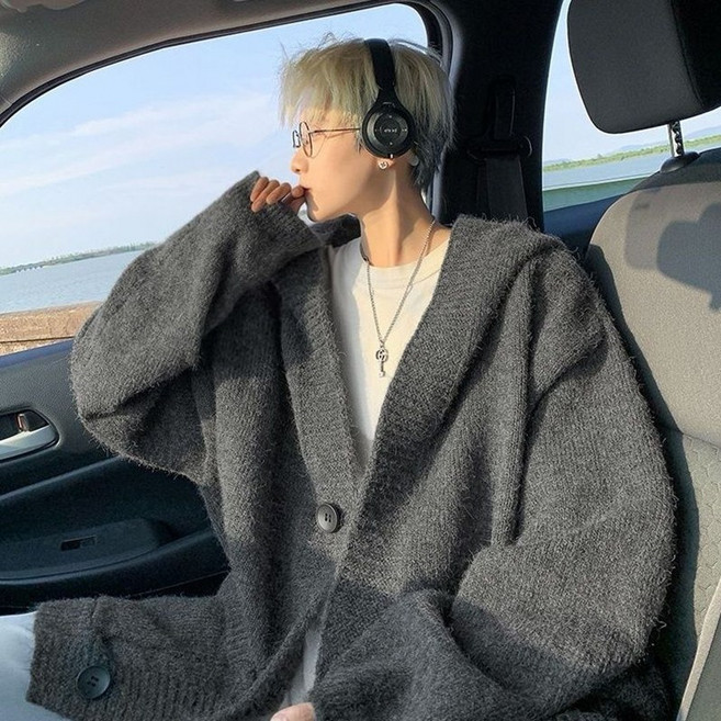 AOKADA 남성 오버핏 롱 후드 니트 가딕너 가을 하프 코트