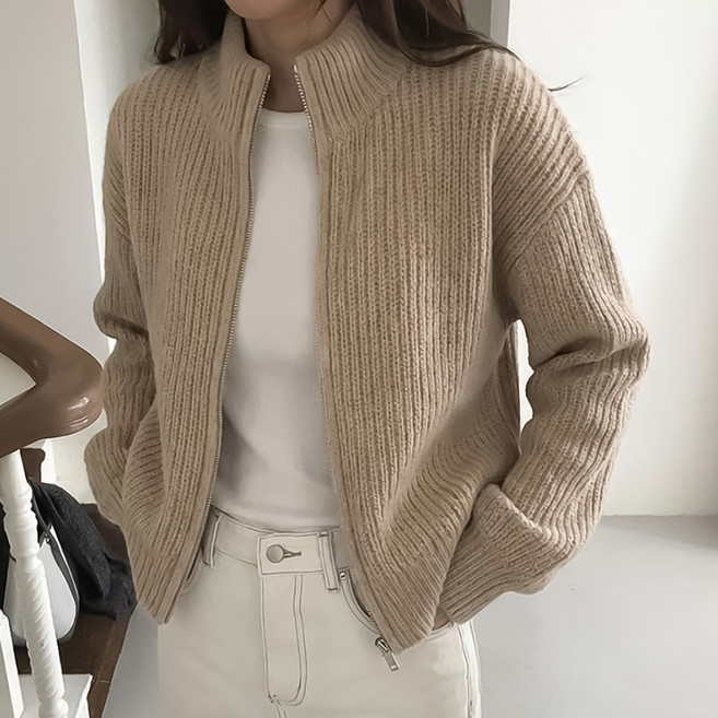 타니즈 레퍼 베이직 터틀넥 여성 니트 집업 가디건