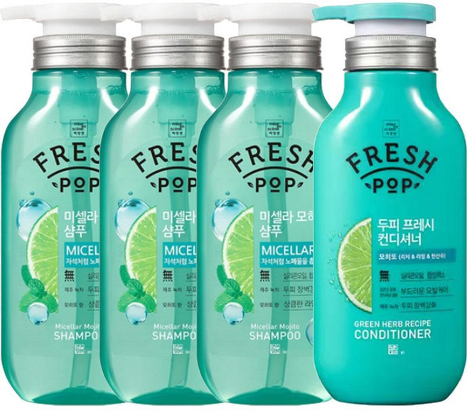[미쟝센]프레시팝 미셀라 모히또 샴푸 500mlx3개 + 컨디셔너 500ml 정수리냄새케어, 1세트