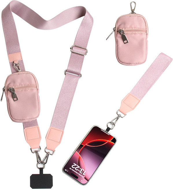 핸드폰 크로스 스트랩 넓은끈 길이조절 파우치세트 핸드폰 손목 스트랩, 1세트, 분홍색
