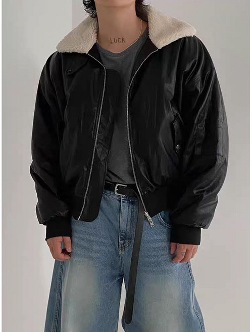 Gshop 羊羔毛 PU 皮短款棉衣 男 冬季翻領保暖棉服 韓版高級皮夾克