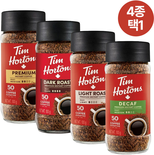 팀홀튼 캐나다 인스턴트 커피 100g 4종택1 미디엄 다크 라이트 디카페인, 01 미디엄, 1