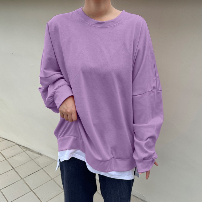 데일리앤 심플 여성 가을 데일리 오버핏 무지 코튼 롱 레이어드 트임 긴팔 맨투맨 빅사이즈