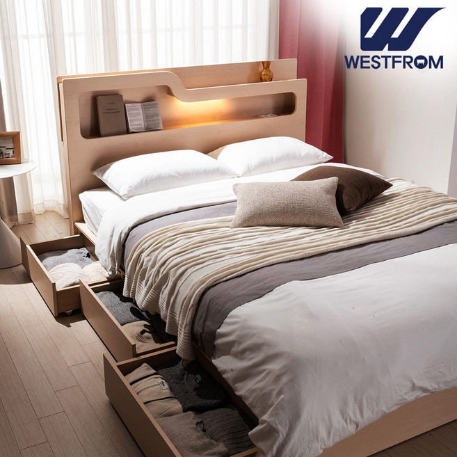[웨스트프롬] 루이스 LED 멀티 서랍형 수납침대 침대프레임 충전 콘센트 내장 (SS/Q/K) 3colors, 프레임 단품(SS), 메이플