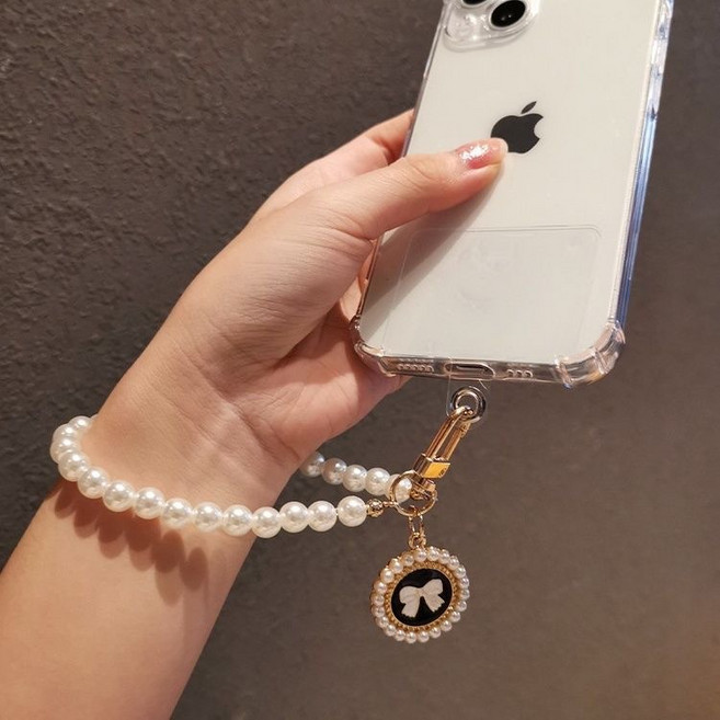 진주 리본 핸드폰 스트랩 키링, 1개, 진주리본