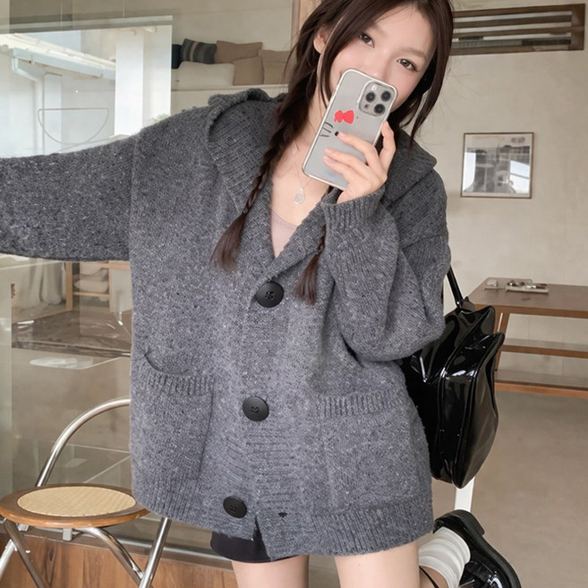 비아크스 남여공용 루즈핏 가디건 오버핏 로브형 엉덩이 덮는 기장 두꺼운 니트 가디건