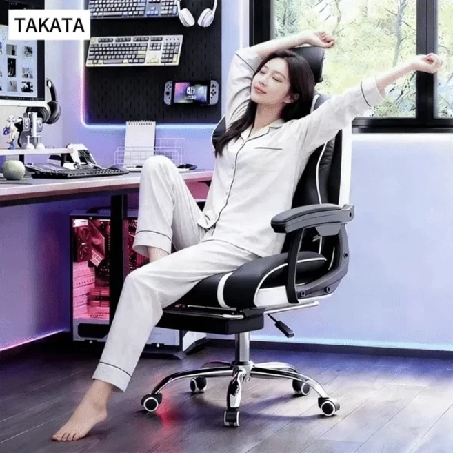 Takata 게이밍 의자 침대형 머리받침조절 발받침대 리클라이너 고급 인조가죽 사무용 컴퓨터 의자, 블랙
