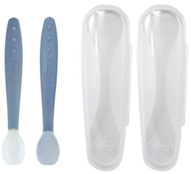 [1+1] 아가프라 이유식스푼+케이스 온도감지 실리콘 아기 수저 자기주도 이유식준비, 1세트, 라이트그레이 + 다크그레이 + 케이스 2p