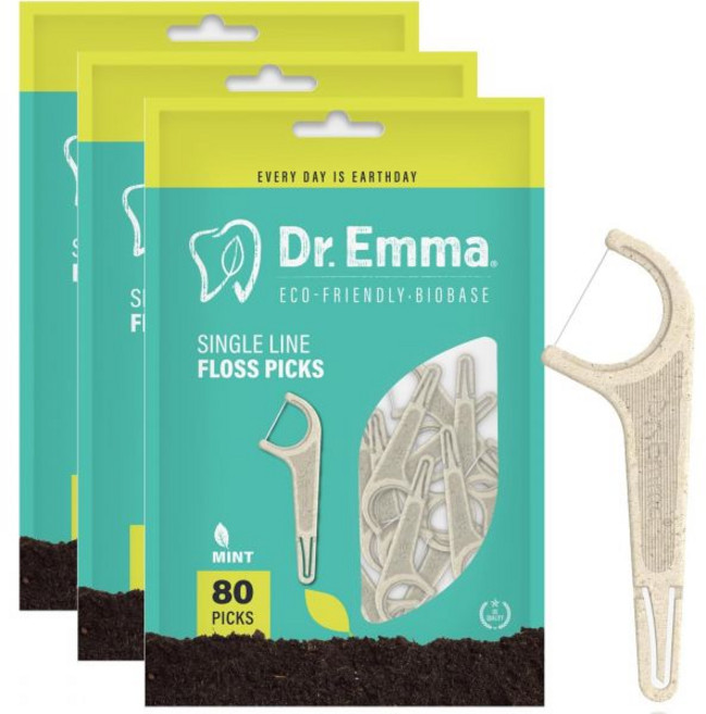 생분해성 치실 싱글 라인 성인용 바이오 소재 잇몸과 치아에 부드러운 민트 맛 이쑤시개 240개, 26.67 Foot (Pack of 3)
