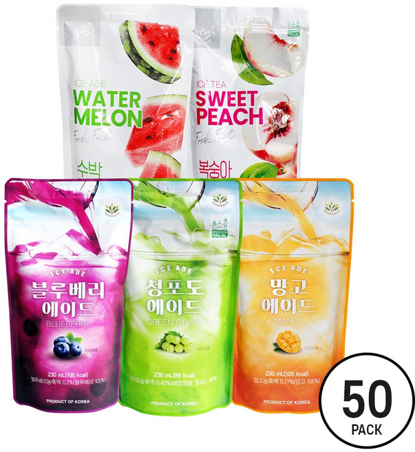 밸런스그로우 편의점파우치음료 230ml 50팩 (복숭아+청포도+망고+수박+블루베리)