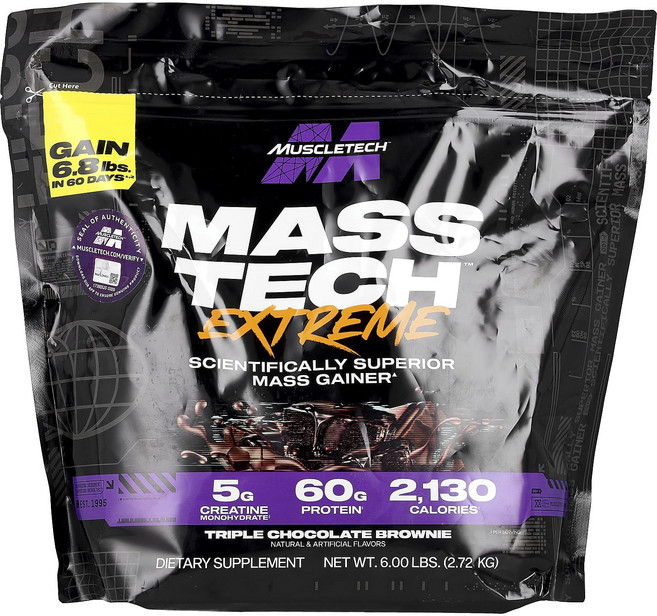MuscleTech Mass Tech 익스트림 2020 트리플 초콜릿 브라우니 2.72kg, 4개