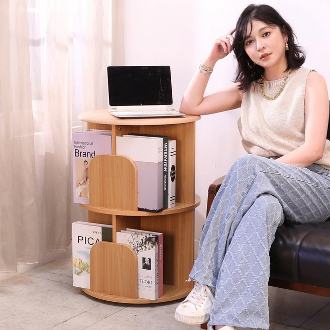 台灣製低甲醛圓型旋轉書櫃 收納櫃 置物櫃 展示架 雜誌架 文件櫃 書架, 櫸木色, 2層