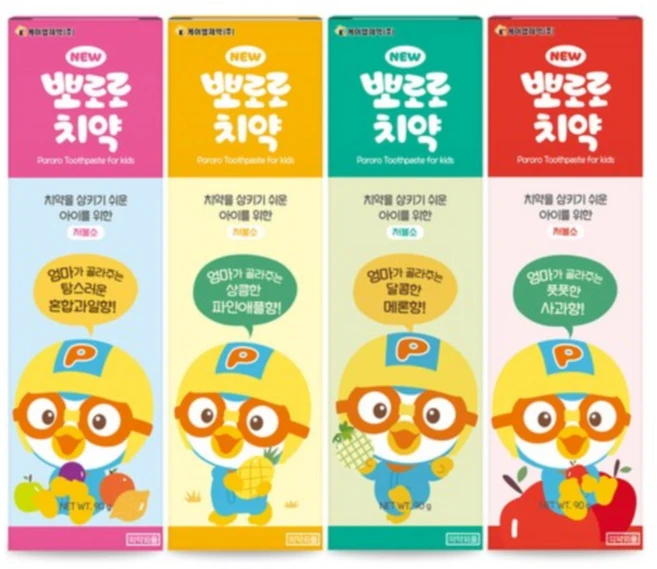 [케이엠제약] 뽀로로 치약 혼합과일향 90g x 4개 / 어린이치약 - 쿠팡