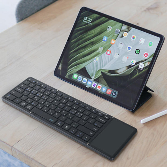 퓨전에프앤씨 아이노트 X-Folding XK905B 블루투스 접이식 키보드 가죽커버 터치패드 편리한 휴대 (블랙/검정), 블랙, 적축