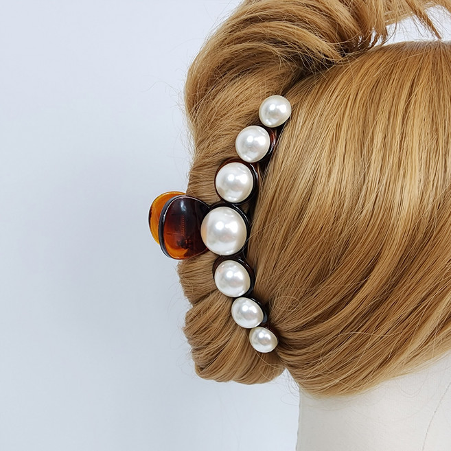 시크몽 화이트 빅진주 커브 13 cm 올림머리 헤어집게핀