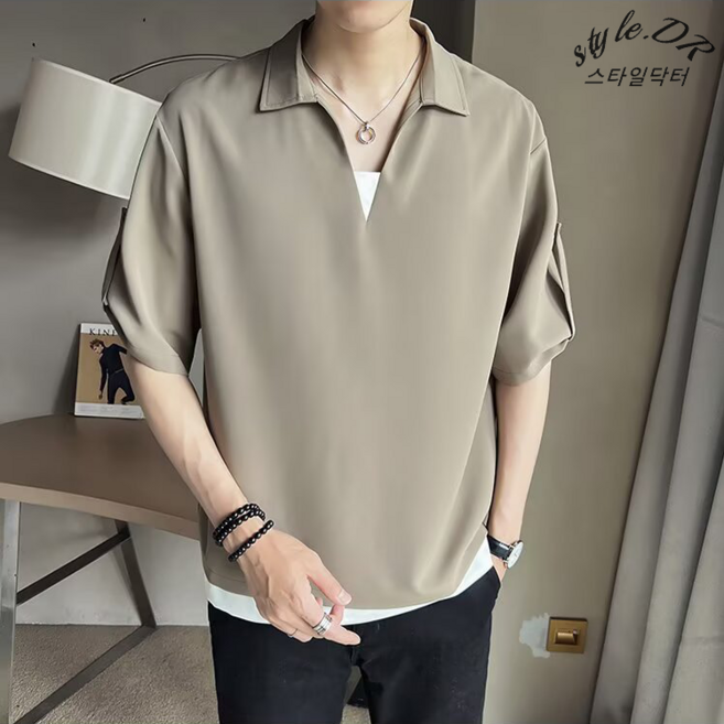 스타일닥터 여름 남자 반소매 쿨링 브이넥 사선 반팔 카라티 가짜 투피스