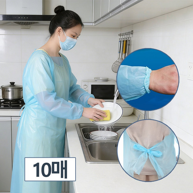 SC FMCG 일회용 비닐 앞치마, 1세트, 고무줄 소매