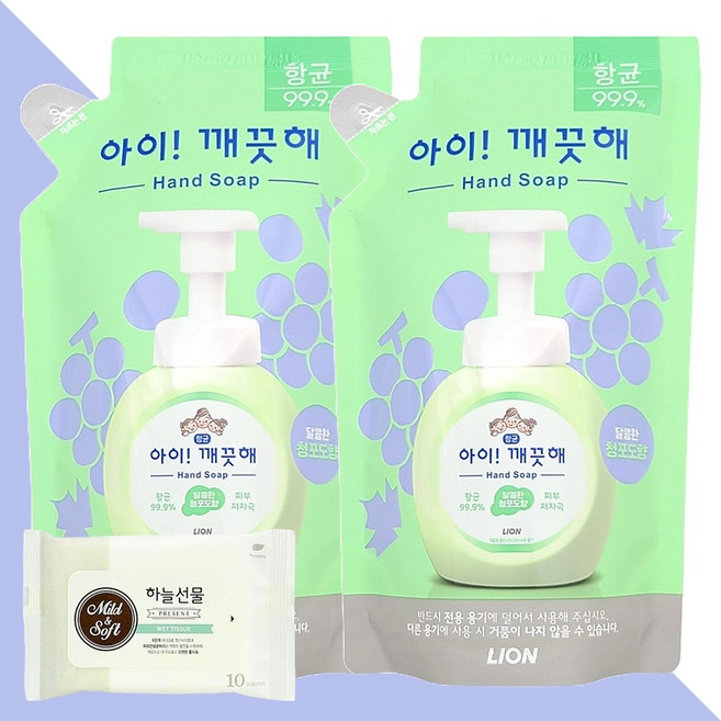 아이깨끗해 항균 폼 핸드솝 리필 청포도향 200ml 2개(+휴대용 물티슈 1개), 01 아이깨끗해 핸드솝 리필 청포도향 2개