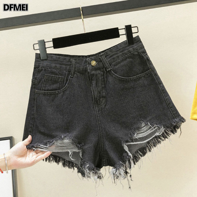 QRU 毛邊牛仔短褲女網紅ins風新款大碼胖mm寬鬆韓版a字型破洞熱褲子夏