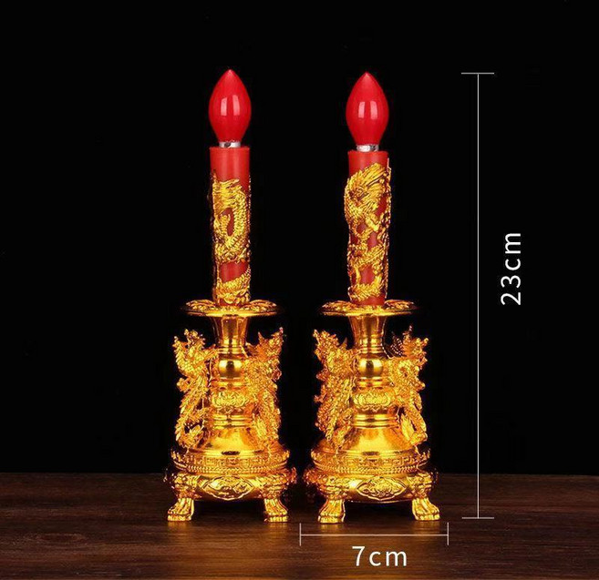 龍鳳燭臺 電子蠟燭 LED插電供佛 財神 拜拜用品 祖先燈 神明用品 神明桌燈座, 金龍柱四龍底 小號燭台一對,LED款（配一對LED燈泡）, 1個