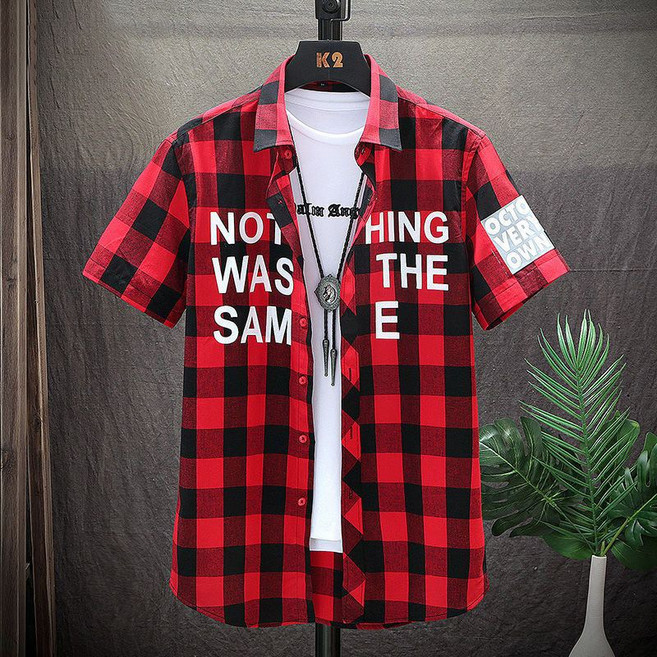 여름 남성용 학생룩 레터링 프린트 체크 무늬 반팔 셔츠 슬림핏 패션 티셔츠 데일리룩