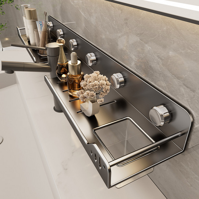 Shipshape 무타공 욕실 수전 선반 세면대 욕실 정리대 물빠짐 선반, 1개, 회색