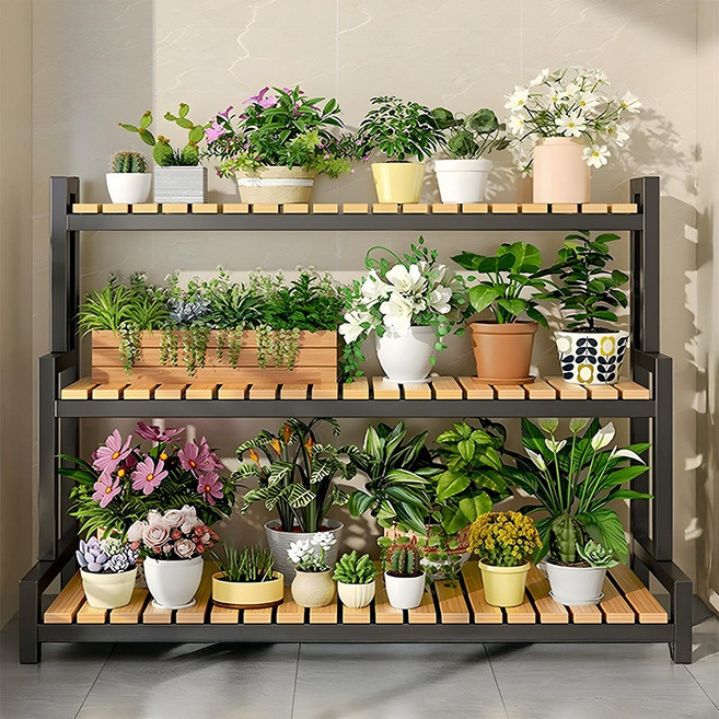 마치 화분정리대 받침대 꽃 진열대 거실 베란다 다육이 선반, 3단, 블랙