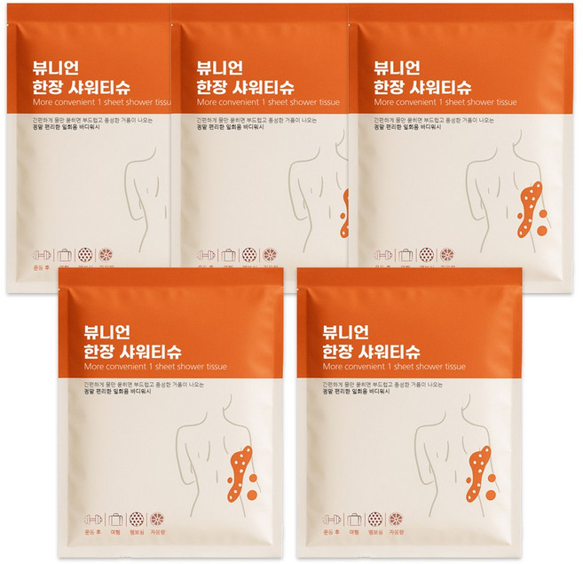 뷰니언 한 장 샤워티슈 일회용 바디워시 자몽향, 7g, 5개