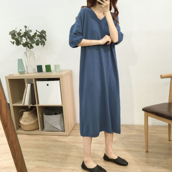 에쉬울프 여성 루즈핏 브이넥 데일리룩 베이직 롱 원피스