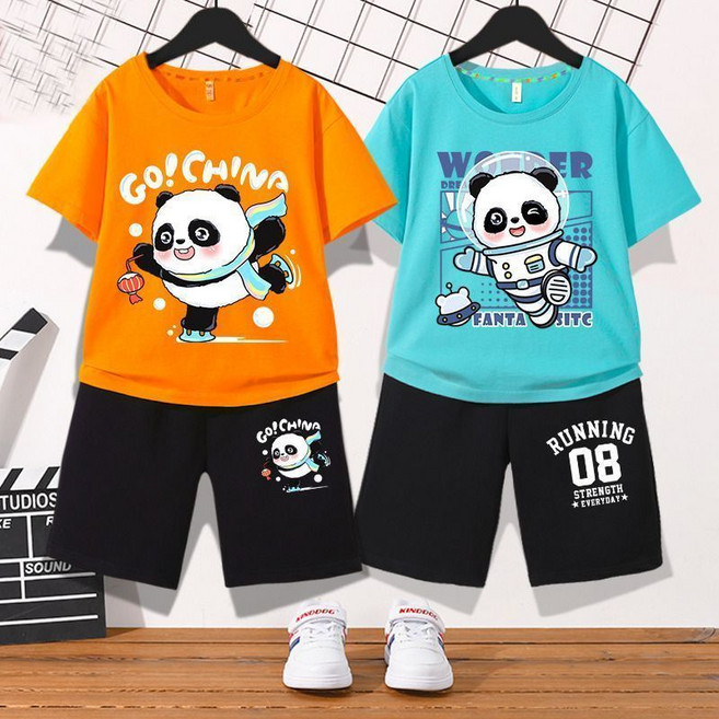 RE'FASION 男童套裝 兒童運動夏裝, 1個, 冰熊橙冰熊黑褲+航熊貓湖藍08黑褲120(建議身高105到115cm)
