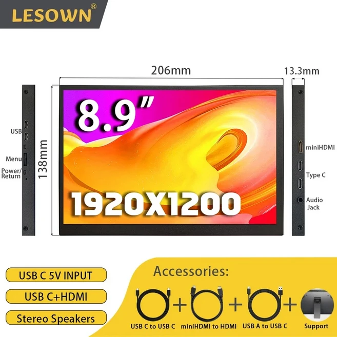 LESOWN USB C타입 와이드 모니터 8.9 윈도우 PC용 소형 LCD 디스플레이 확장 스크린 10.1 인치 1920x12, 03 8.9 USB C No Touch