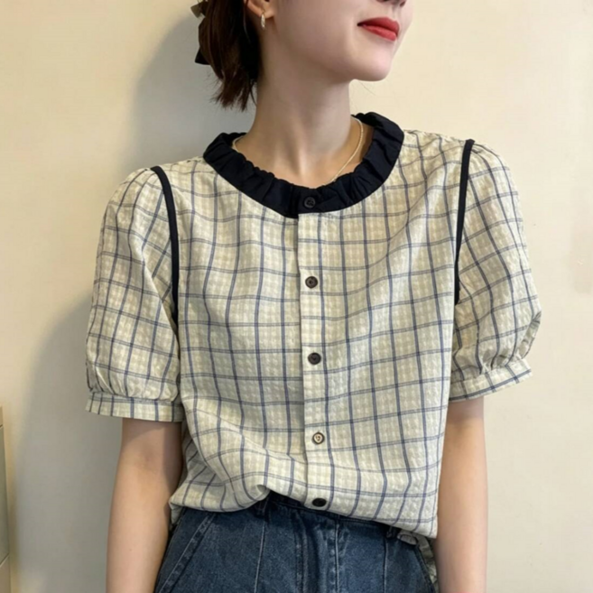 Makone 여성 패션 라운드넥 트리밍 격자무늬 프린트 셔츠 벌룬 소매 트랜드 데일리 심플 반팔 블라우스
