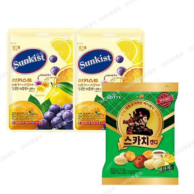 해태제과 썬키스트 캔디 317g 2개 + 롯데 스카치캔디 세가지맛 317g 1개 (총 3개), 1세트