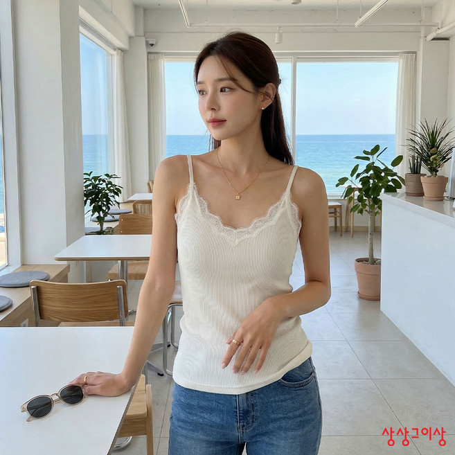 상상그이상 여성용 국내제작 레이스 니트나시 골지소재 민소매 끈나시 사계절 레이어드 무지 나시티셔츠