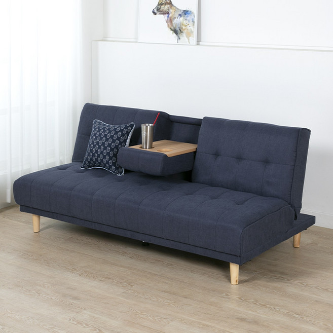 [15조한정 추가할인] 에보니아 맥심 컵홀더 3인용 방수패브릭 소파베드 쇼파침대 3인용쇼파 각도조절, 원목다리_패브릭 다크블루