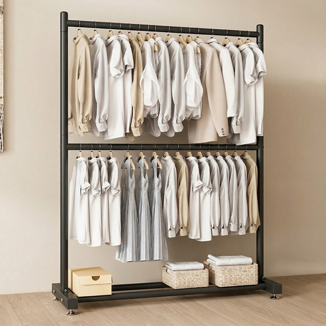 튼튼한 철제 2단 행거 대용량 스탠드 옷걸이 빨래건조대, 블랙