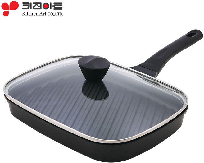 키친아트 국내산 인덕션 겸용 멀티 그릴팬(+유리뚜껑) 27x21cm_스테이크팬, 27X21cm, 1개