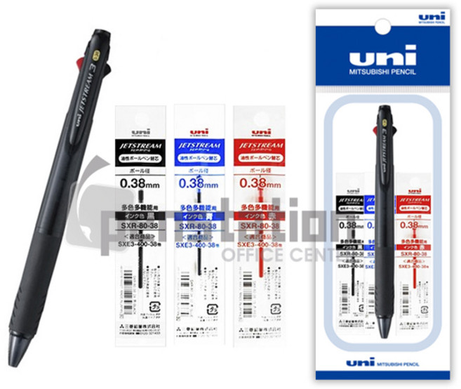 유니 제트스트림 SXE3-400 3색 0.38mm 1개 + 리필심 3개 세트, 3색 0.38mm 블랙 1+리필심(흑1+청1+적1)