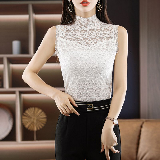 Neirny 여성 빅사이즈 반폴라 민소매 나시티 봄가을 간절기 스판 기질 레이스 패치 루즈핏 슬림핏 이너티 아우터 티