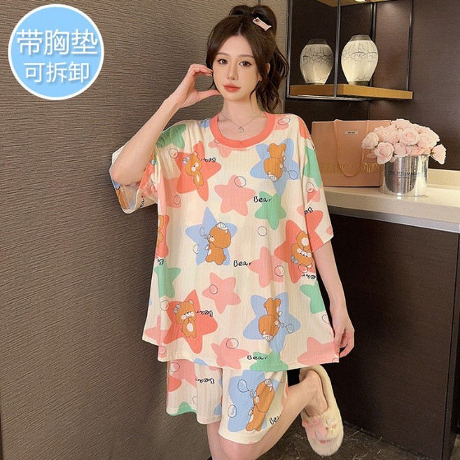 女款夏季短袖睡衣套裝，附可拆卸胸墊，寬鬆加大碼