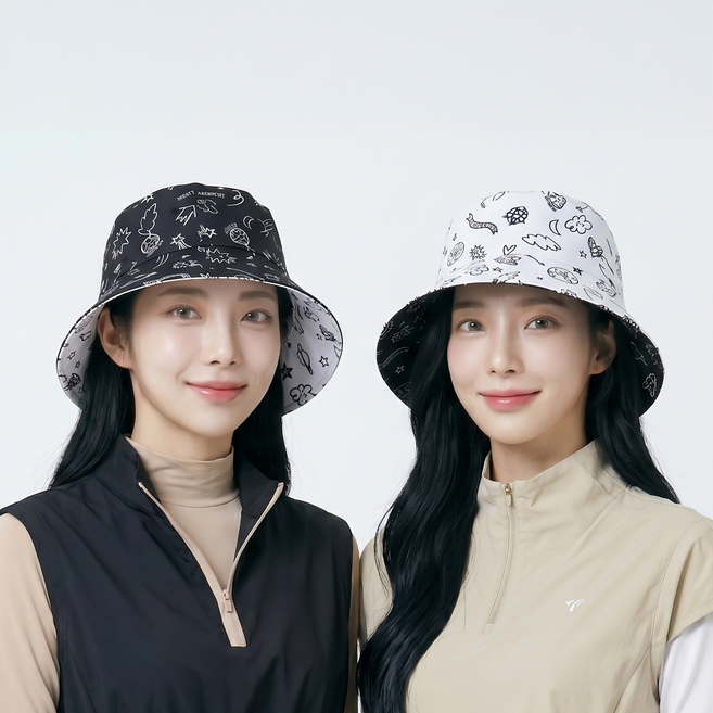 까스텔바작 파크골프 드로잉 패턴 양면 리버서블 벙거지 모자 CSW-248, 1개, 화이트블랙