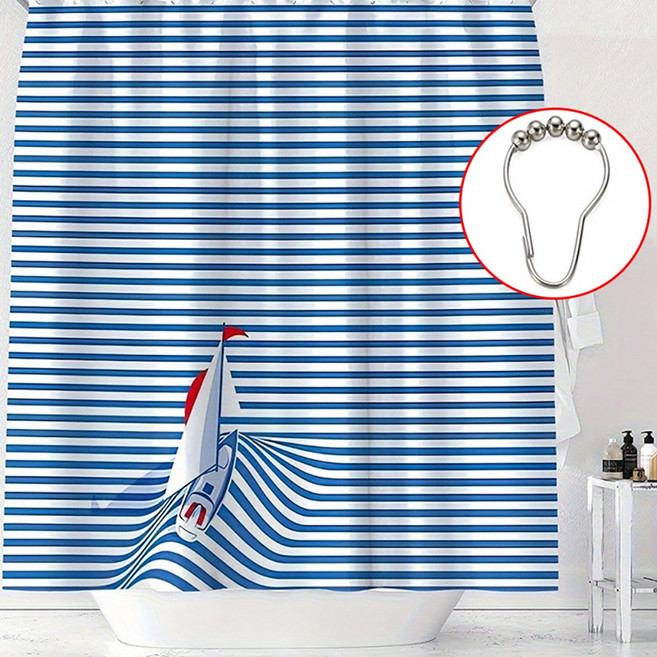 Alemon 프리미엄 패브릭 방수 샤워 커튼 + 스텐 커튼 링, 블루 요트, 1개
