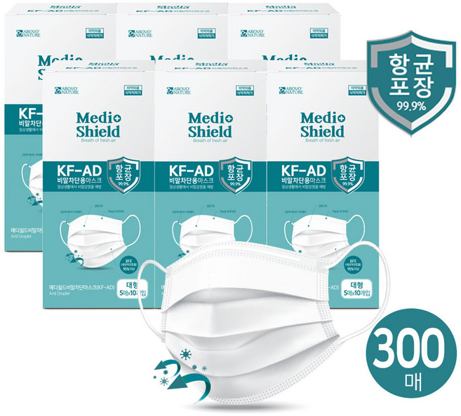 메디쉴드 KF-AD 비말차단 99.9% 항균포장 데일리 마스크 300매(5매x60개입), 5매입, 60개, 화이트